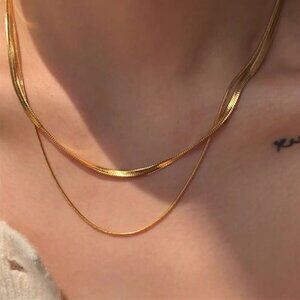18K Gold Plated Double Layered Chain Stacked Necklace Herringbone Snake Chain